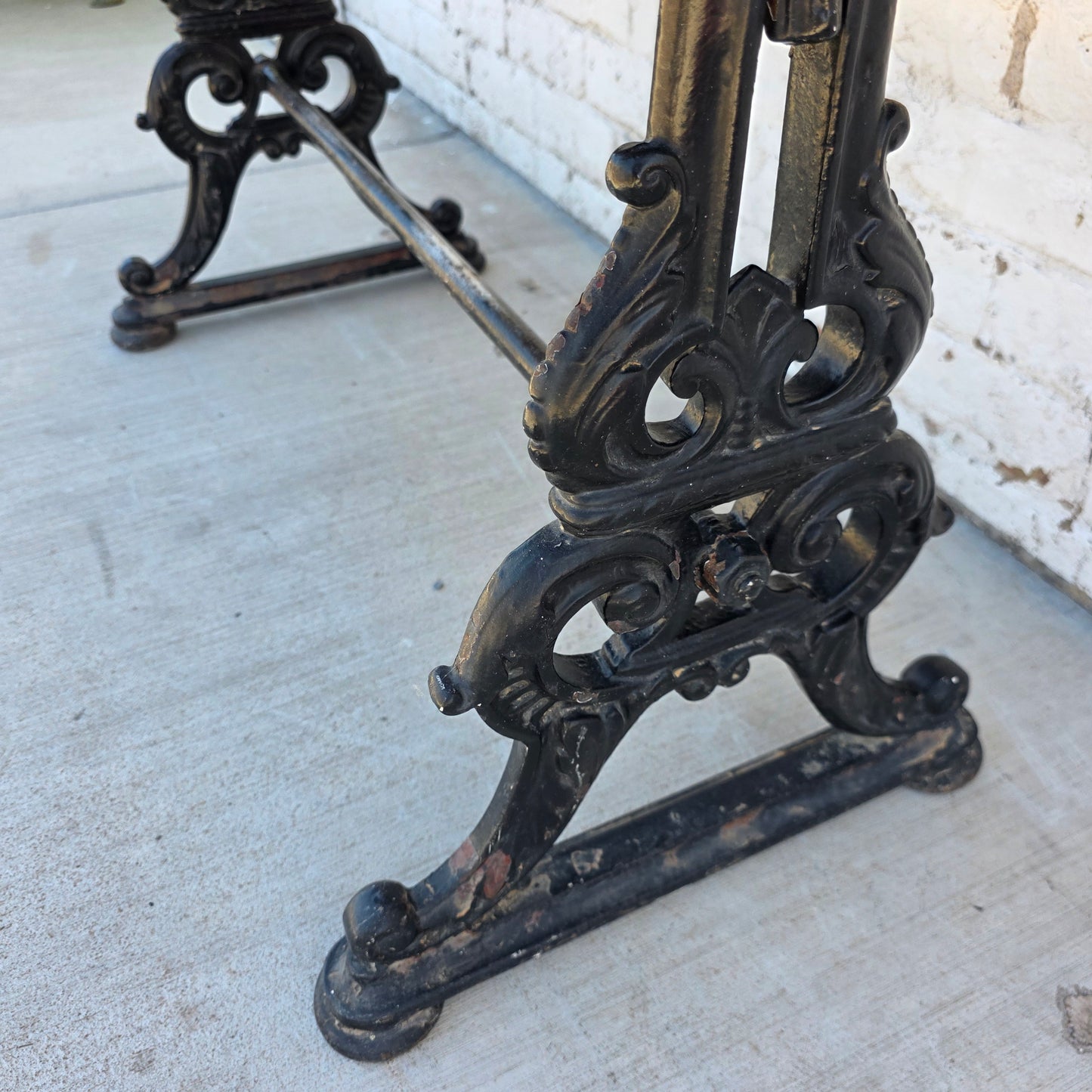 Antique English Pub Table with Ornate Iron Trestle Base