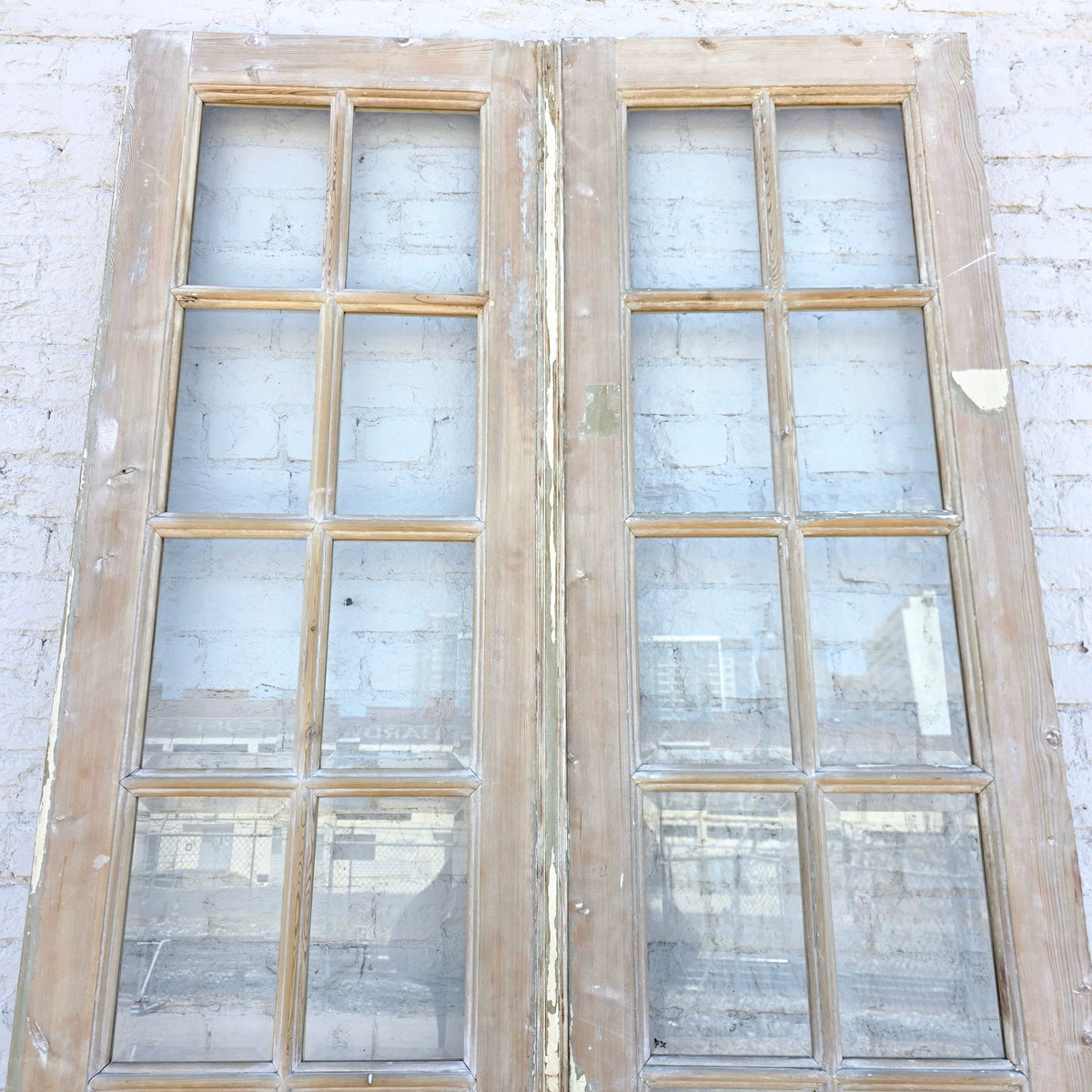 Pair of 14 Lite Washed Wood French Antique Doors