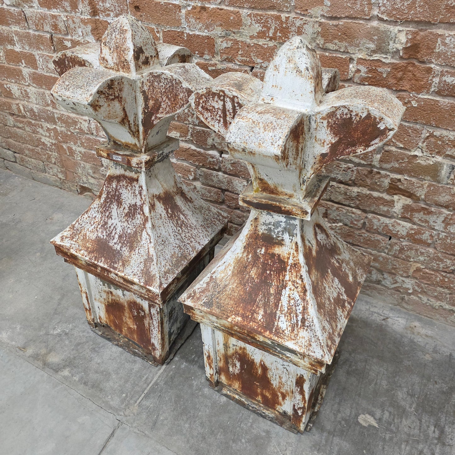 Pair of Antique Chippy White Zinc French Church Finials (Architectural)