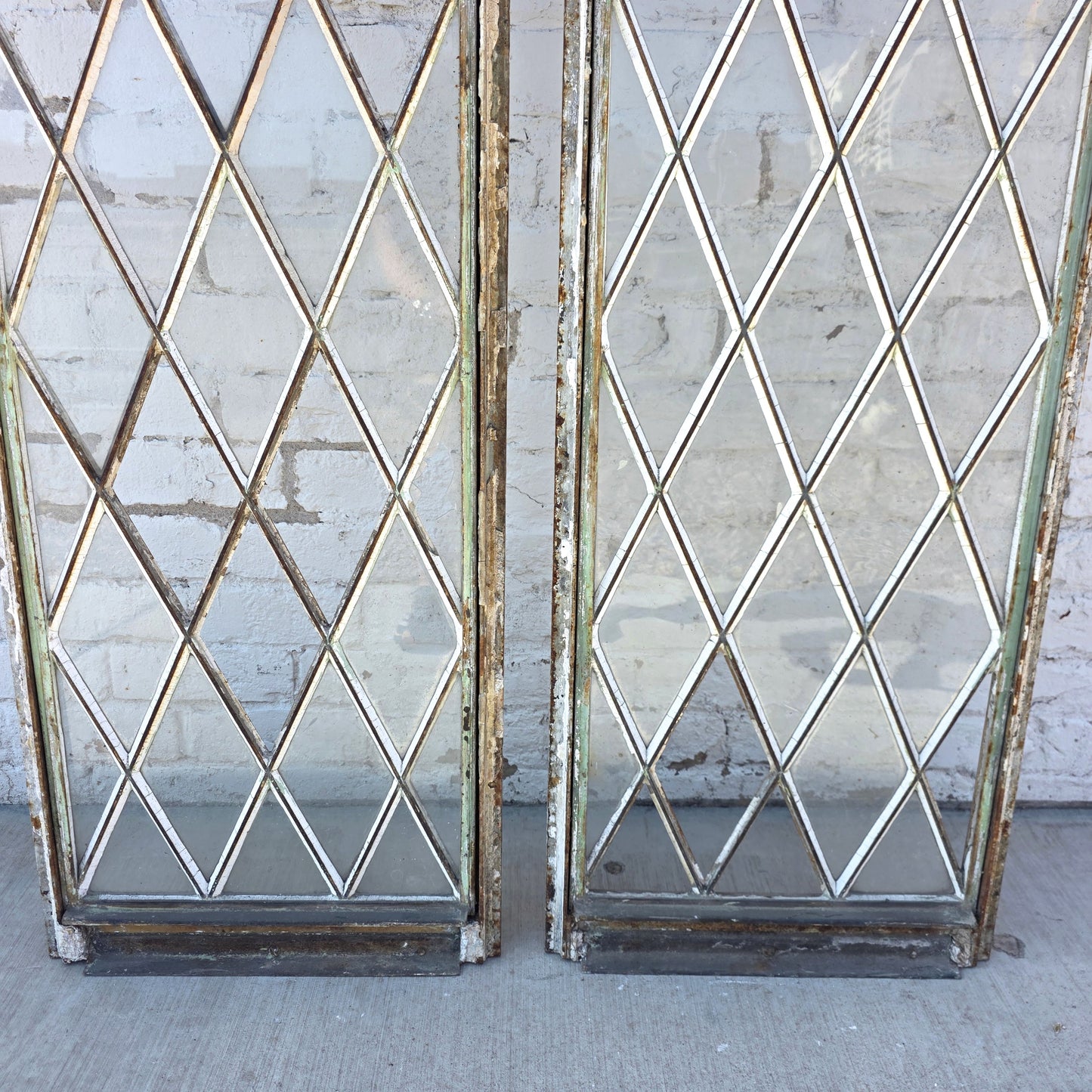Pair of Arched Steel Windows with Diamond Panes