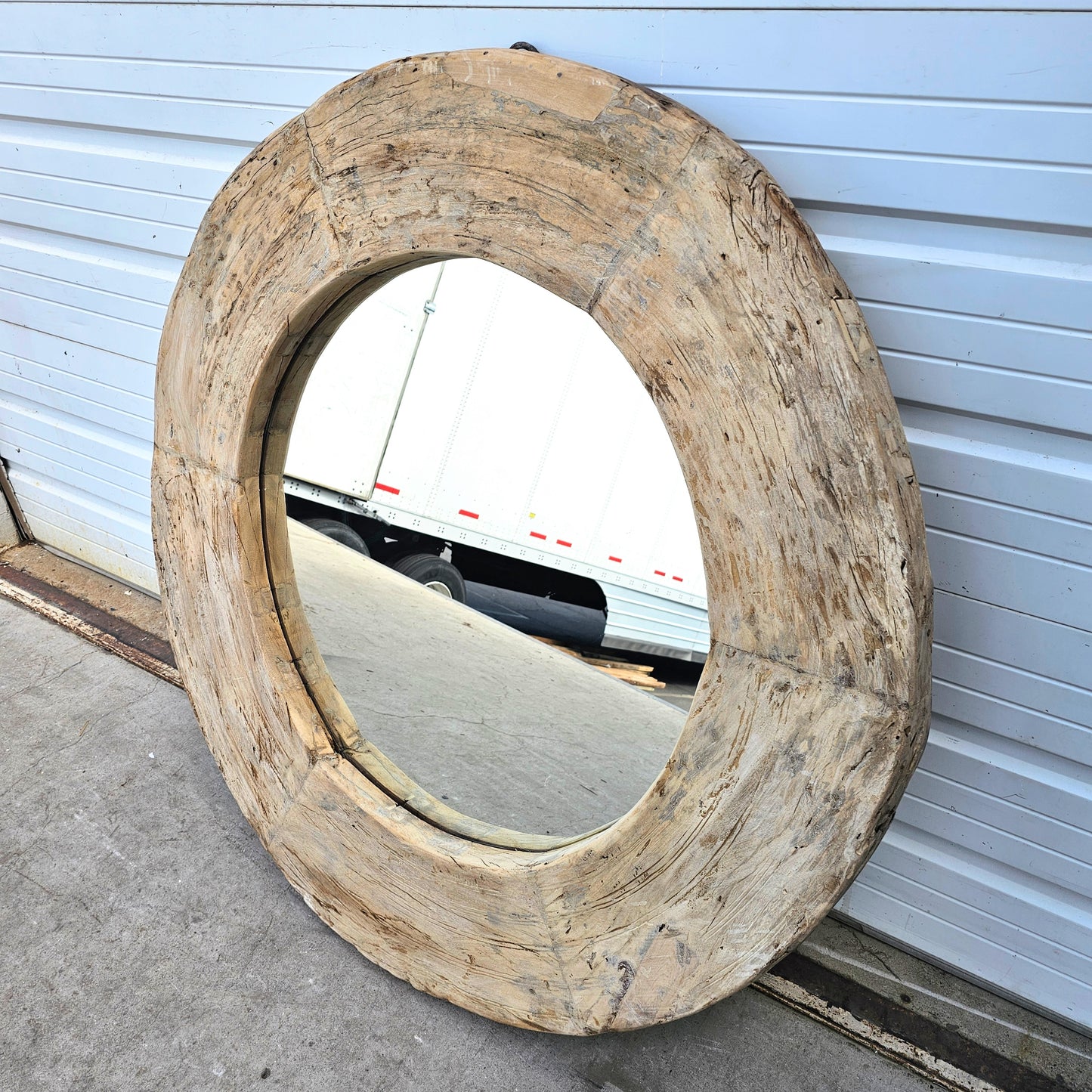 Architectural Round Bleached Wooden Mirror