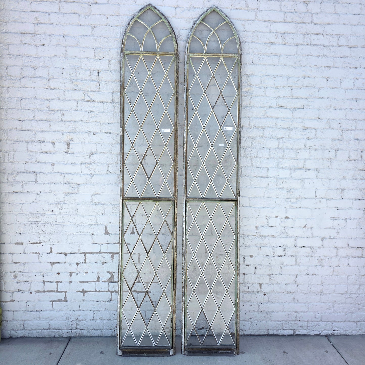 Pair of Arched Steel Windows with Diamond Panes