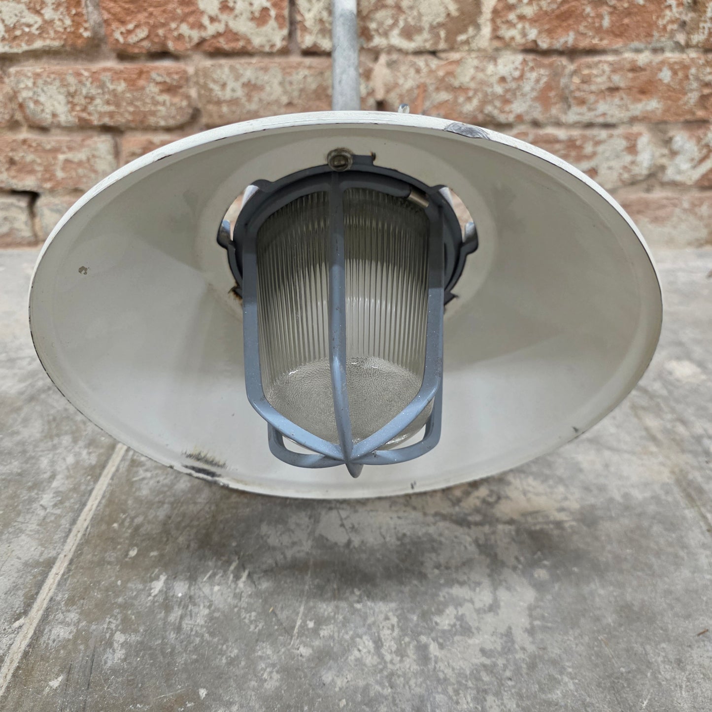 White Enamel Pendant Light with Galvanized Cage