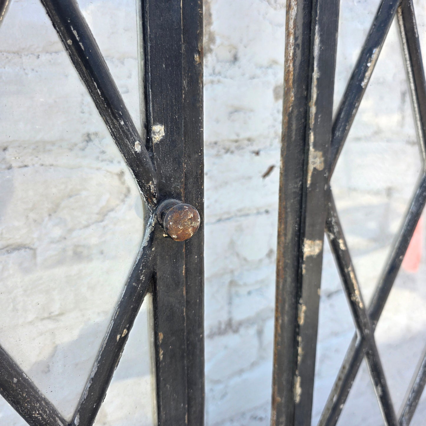 Pair of Arched Steel Windows with Diamond Panes