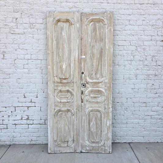 Pair of Washed Antique Wood 3-Panel Doors