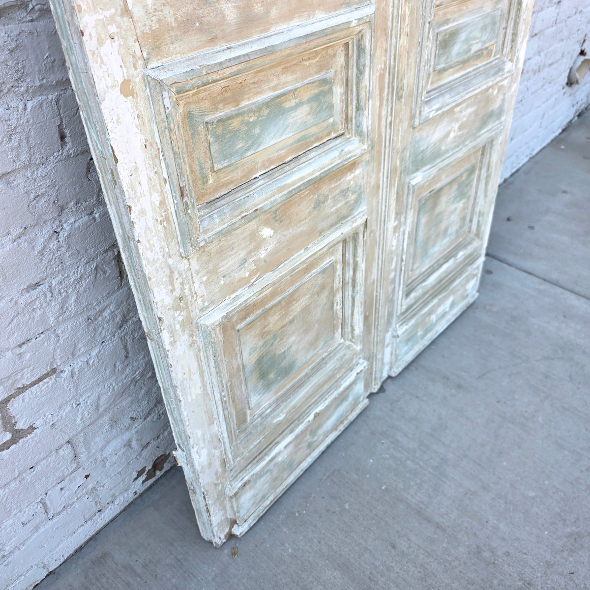 Pair of 2 Panel 7 Lite Washed Wood French Antique Doors
