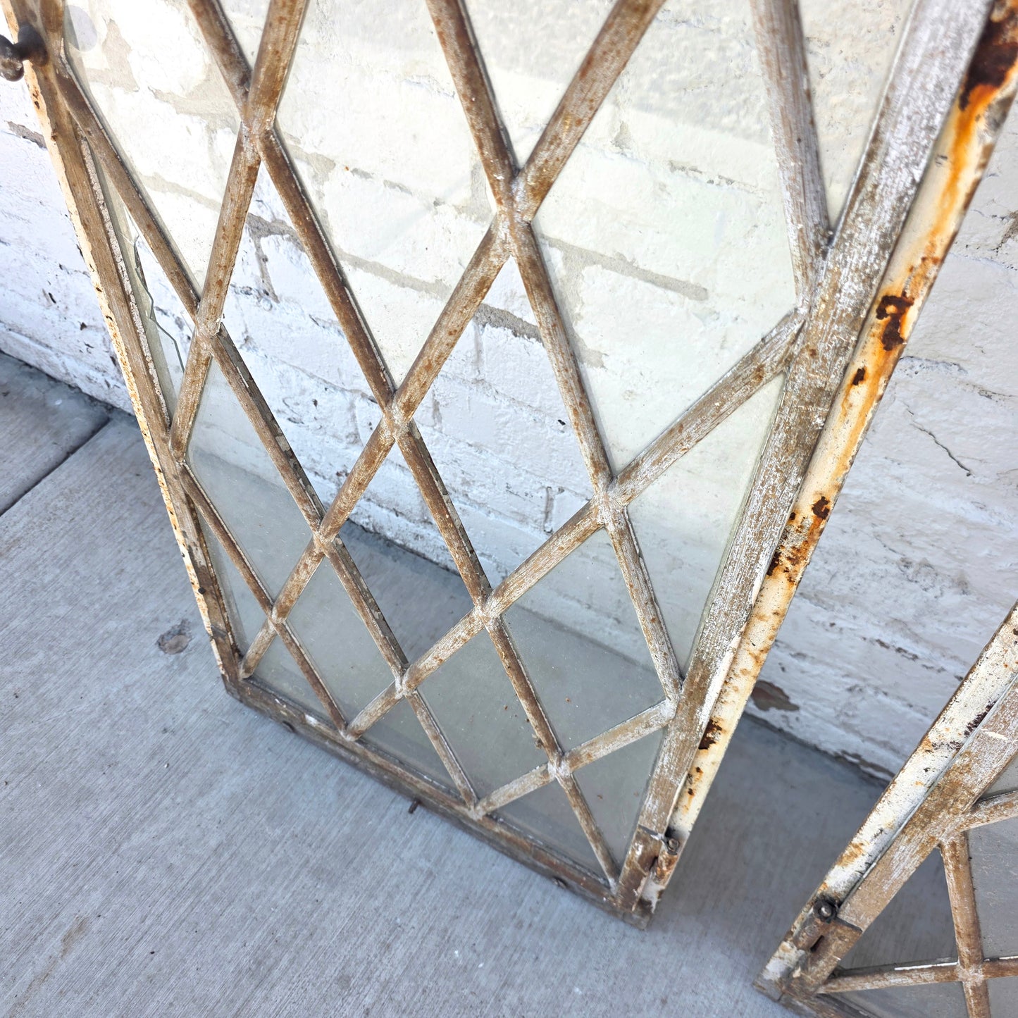 Pair of Arched Steel Windows with Diamond Panes