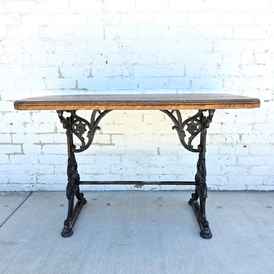 Antique English Pub Table with Ornate Iron Trestle Base