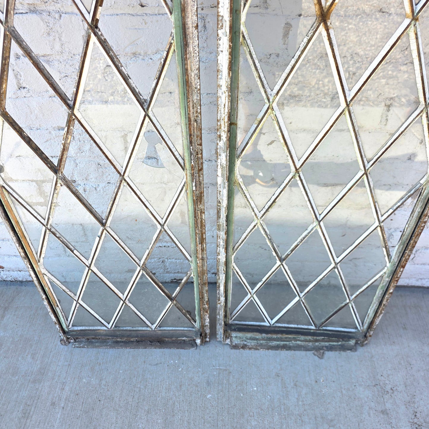 Pair of Arched Steel Windows with Diamond Panes