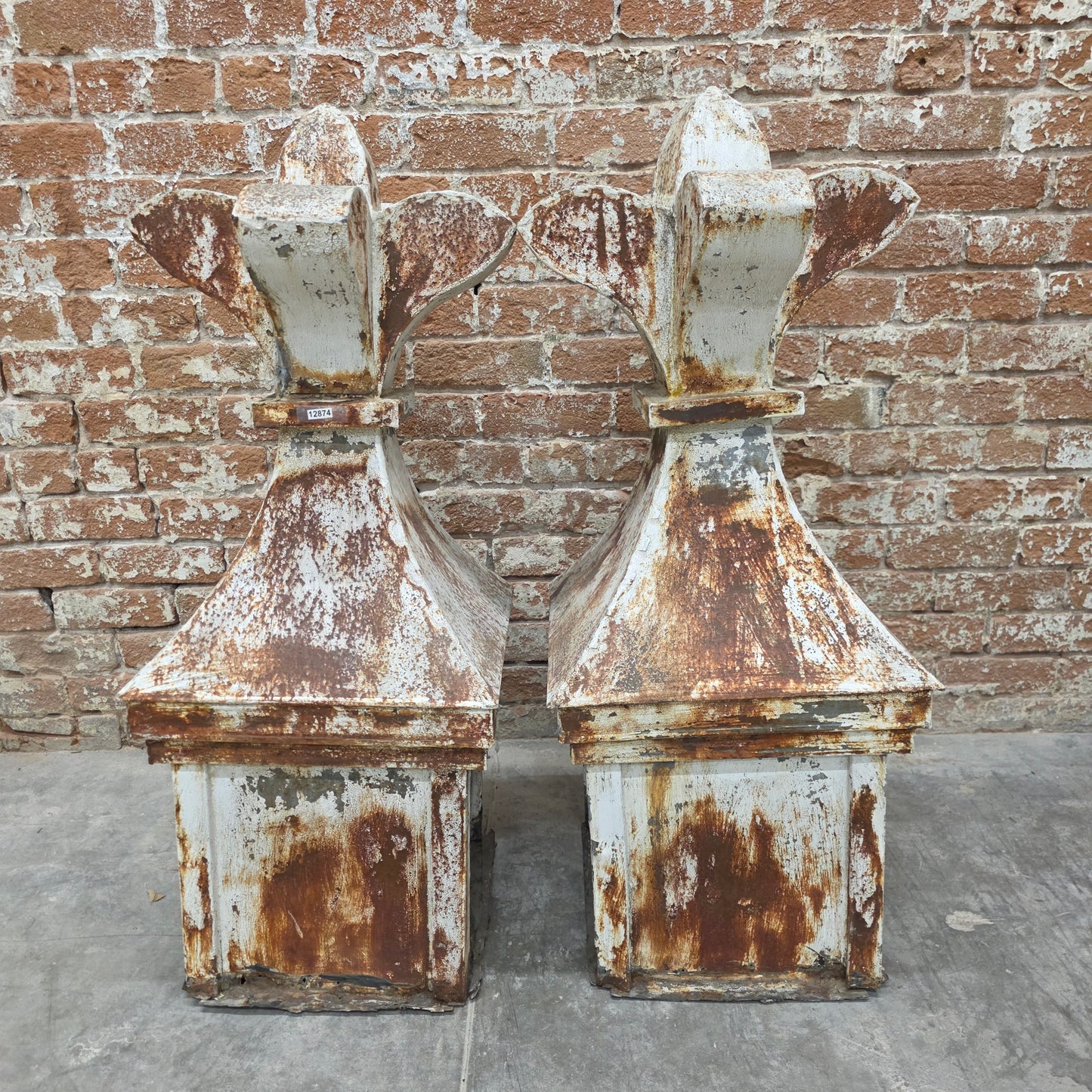 Pair of Antique Chippy White Zinc French Church Finials (Architectural)