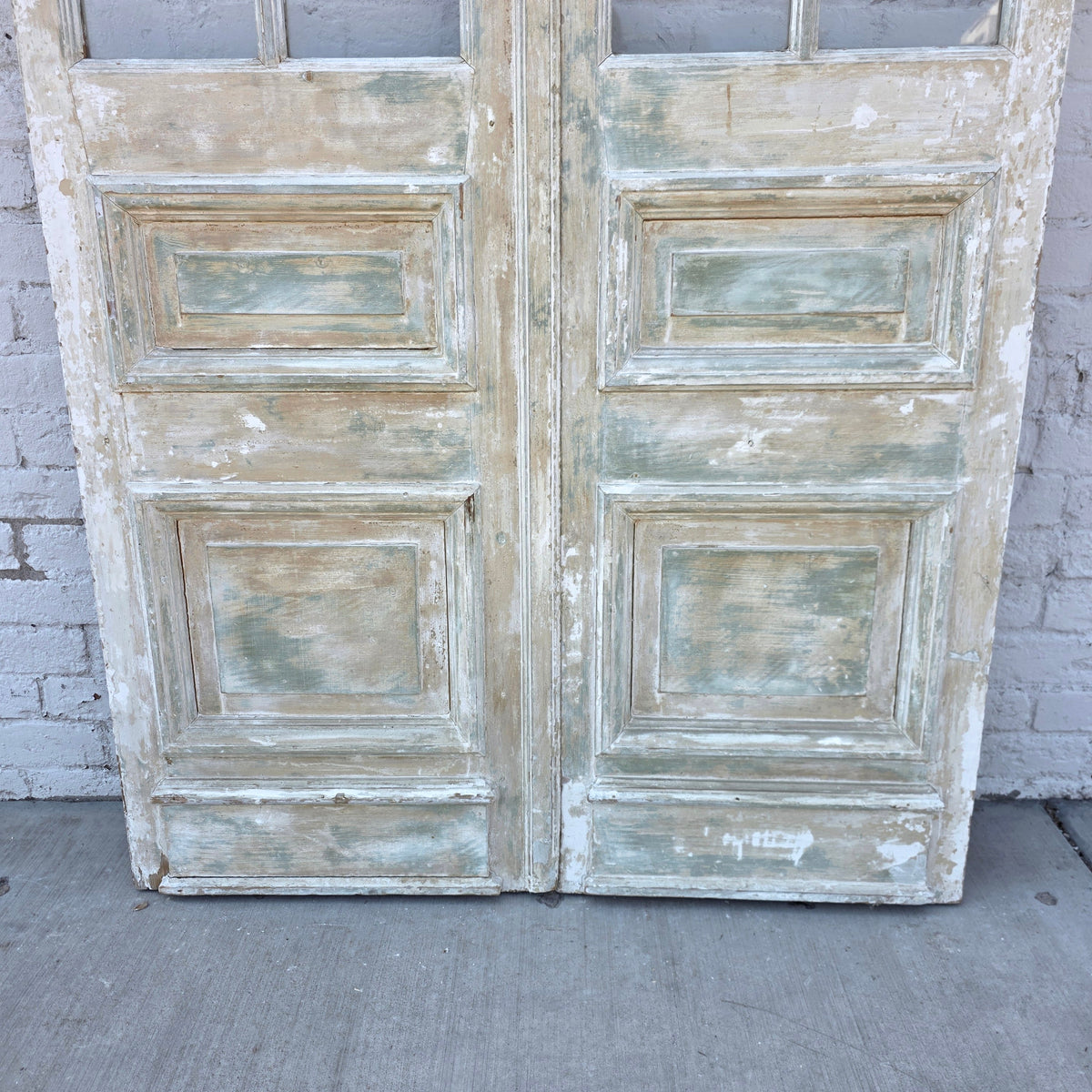 Pair of 2 Panel 7 Lite Washed Wood French Antique Doors