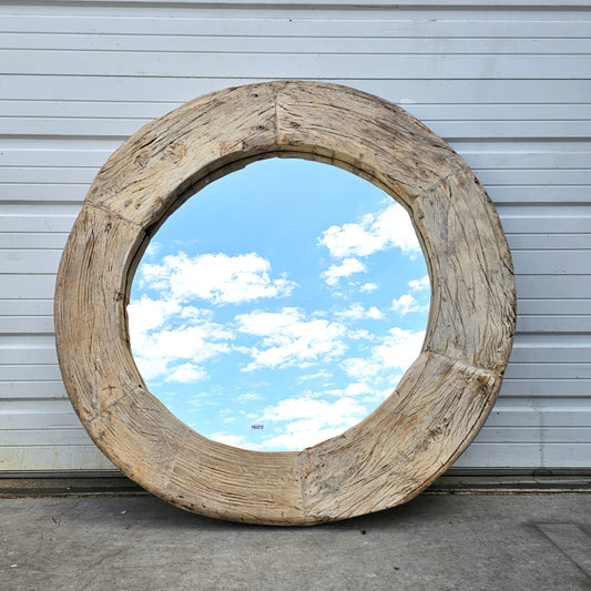 Architectural Round Bleached Wooden Mirror