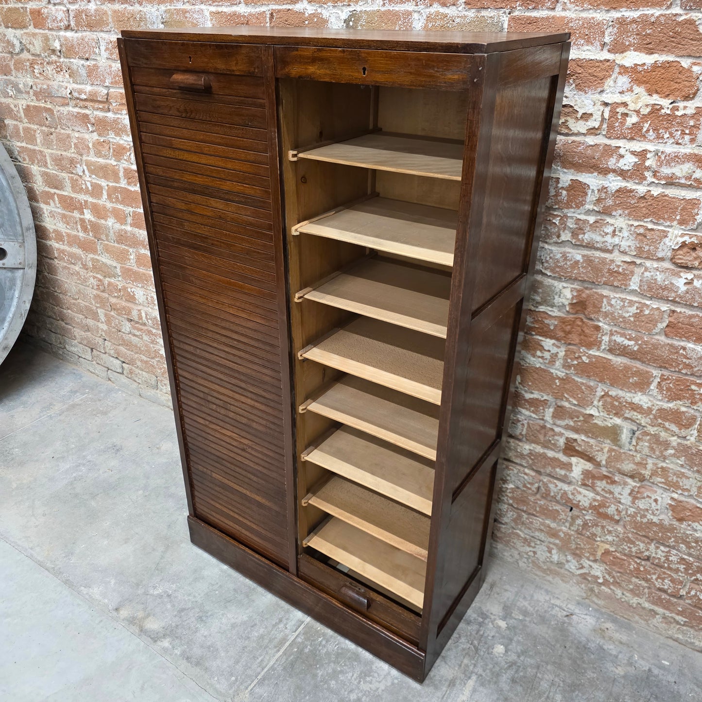 Antique Oak Filing Cabinet with Double Tambour Front