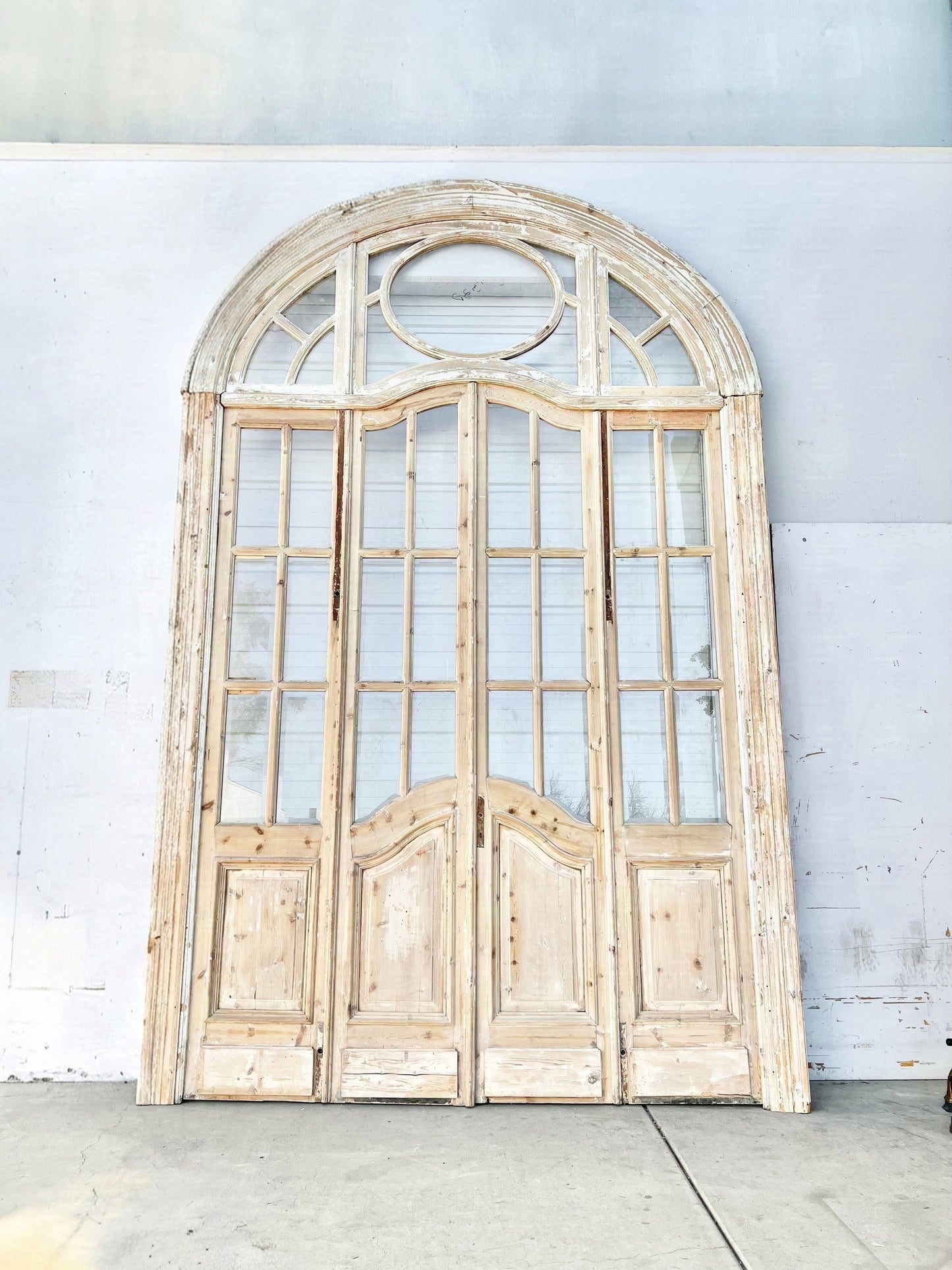 Set of 4 Antique French Doors with 24 Lites and Arched Transom Window