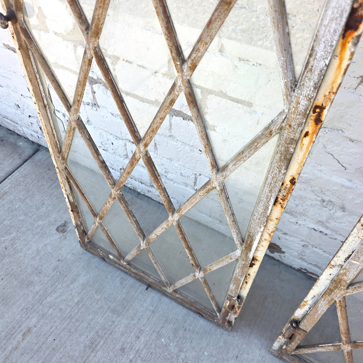 Pair of Arched Steel Windows with Diamond Panes
