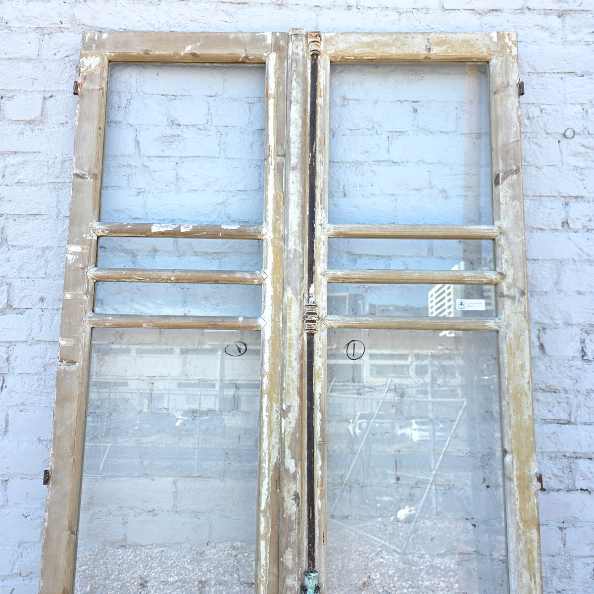 Pair of 4 Horizontal Lite Washed Wood Antique Doors