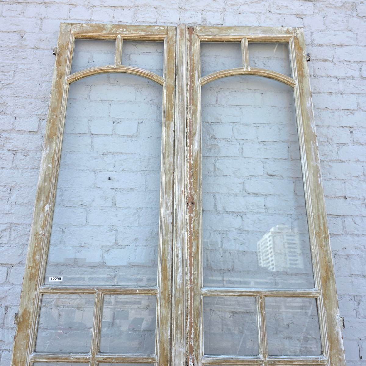 Pair of 2 Panel 7 Lite Washed Wood French Antique Doors