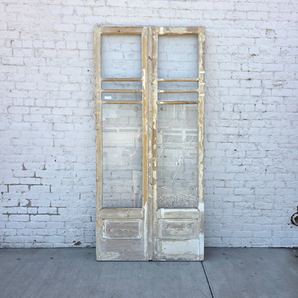 Pair of 4 Horizontal Lite Washed Wood Antique Doors
