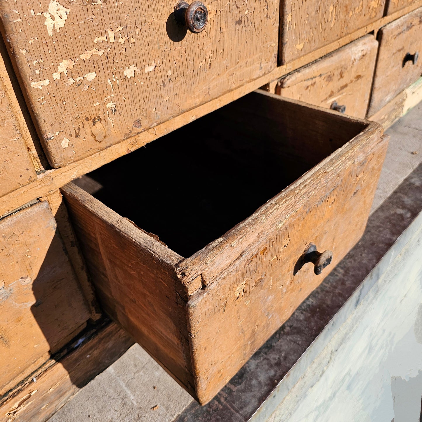 19th C. French Two Piece Painted Apothecary Cabinet