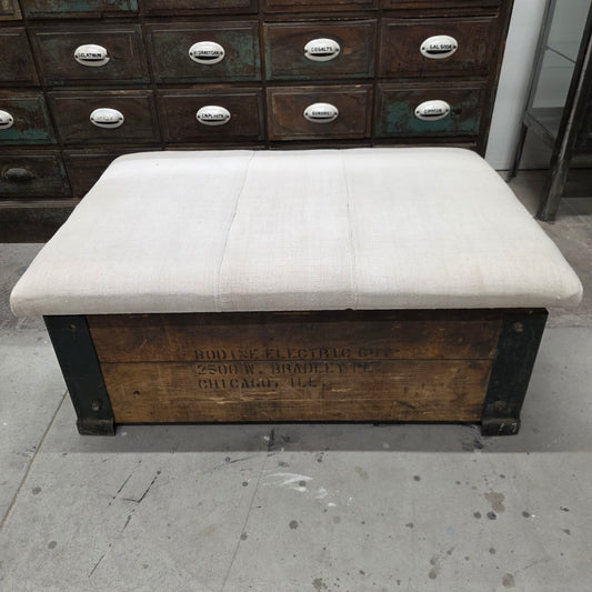 Bodine Electric Co.,Chicago Wooden Crate with Geain Sack Upholstered Top