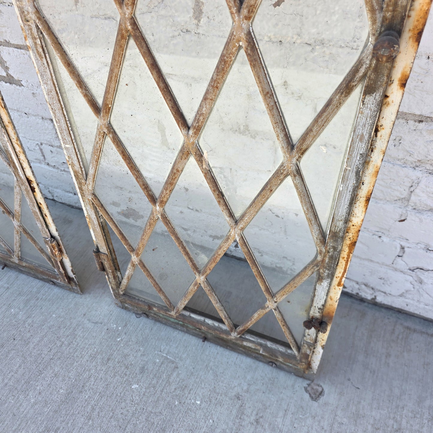 Pair of Arched Steel Windows with Diamond Panes