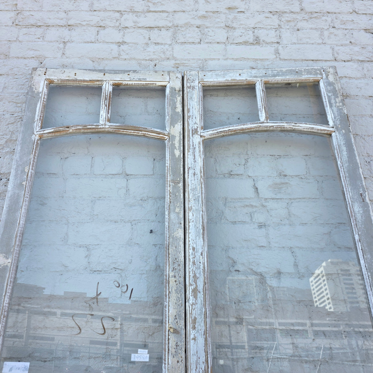 Pair of 2 Panel 5 Lite Washed Wood French Antique Doors