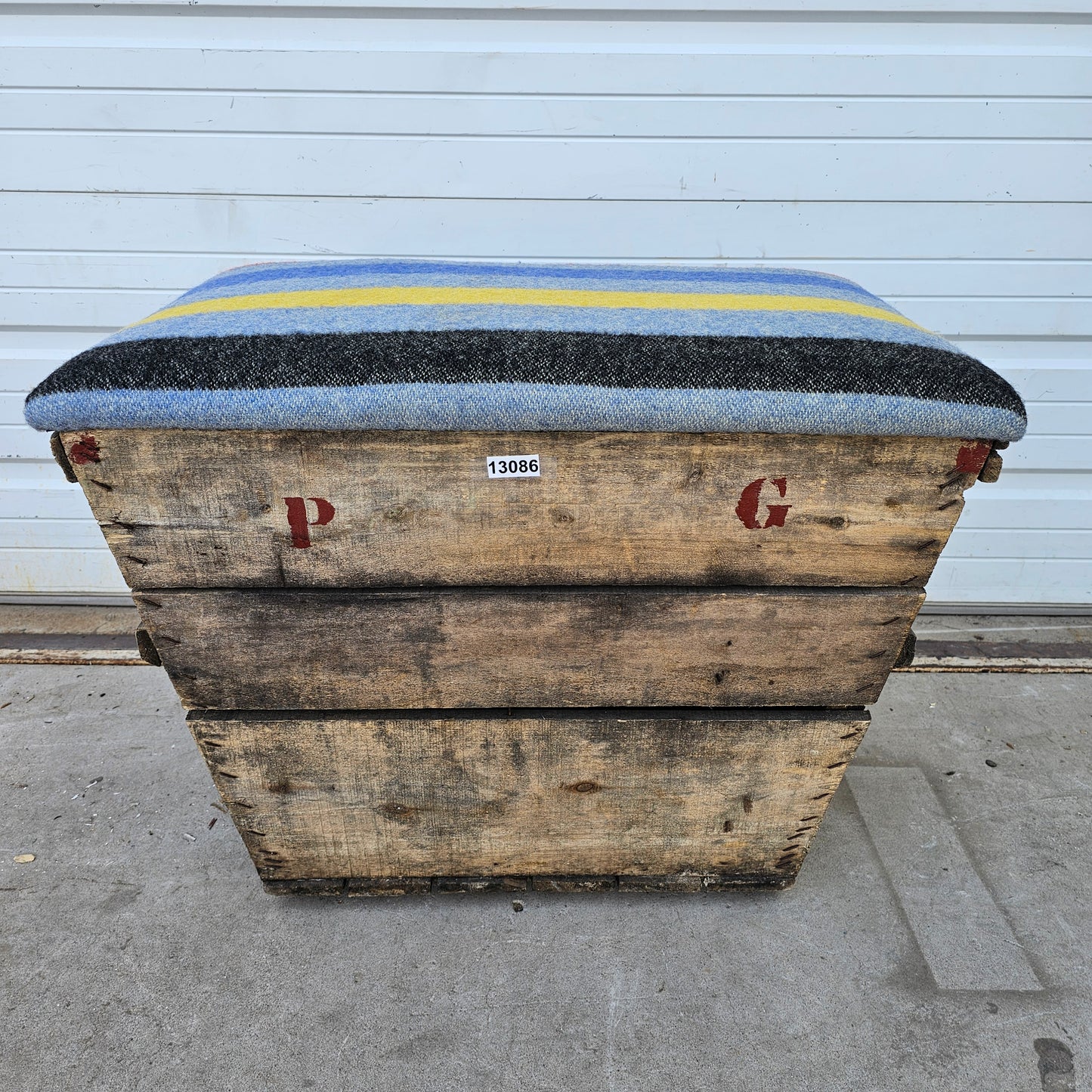 French Champagne Crate Ottoman with Camp Blanket Top