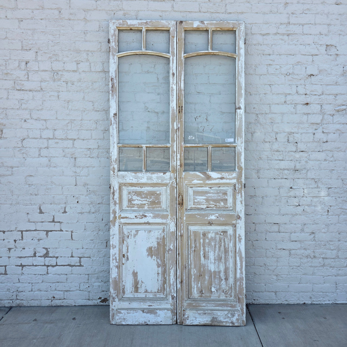 Pair of 2 Panel 5 Lite Washed Wood French Antique Doors