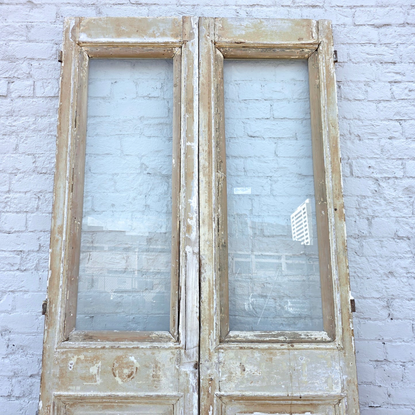 Pair of Washed Wood Single Lite Carved Antique Doors