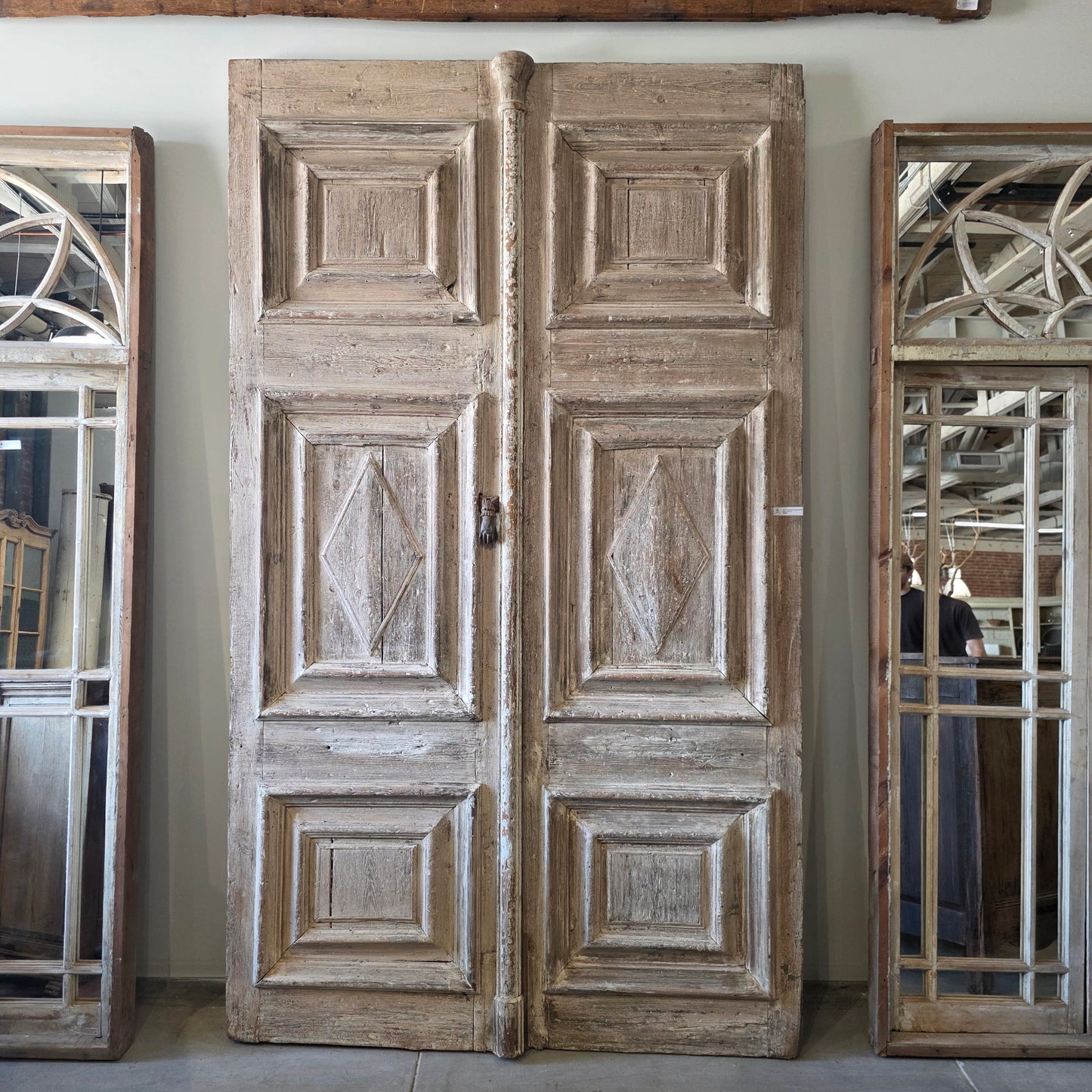 Pair of Antique Diamond Panel Carved Doors w/3 Panels