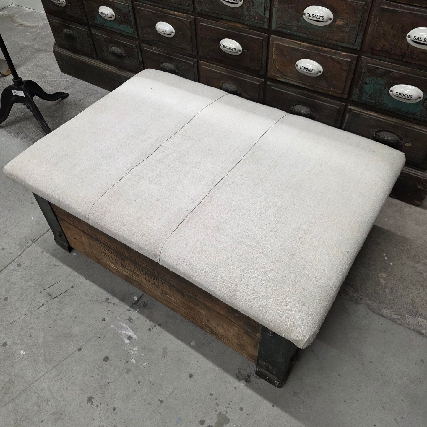 Bodine Electric Co.,Chicago Wooden Crate with Geain Sack Upholstered Top