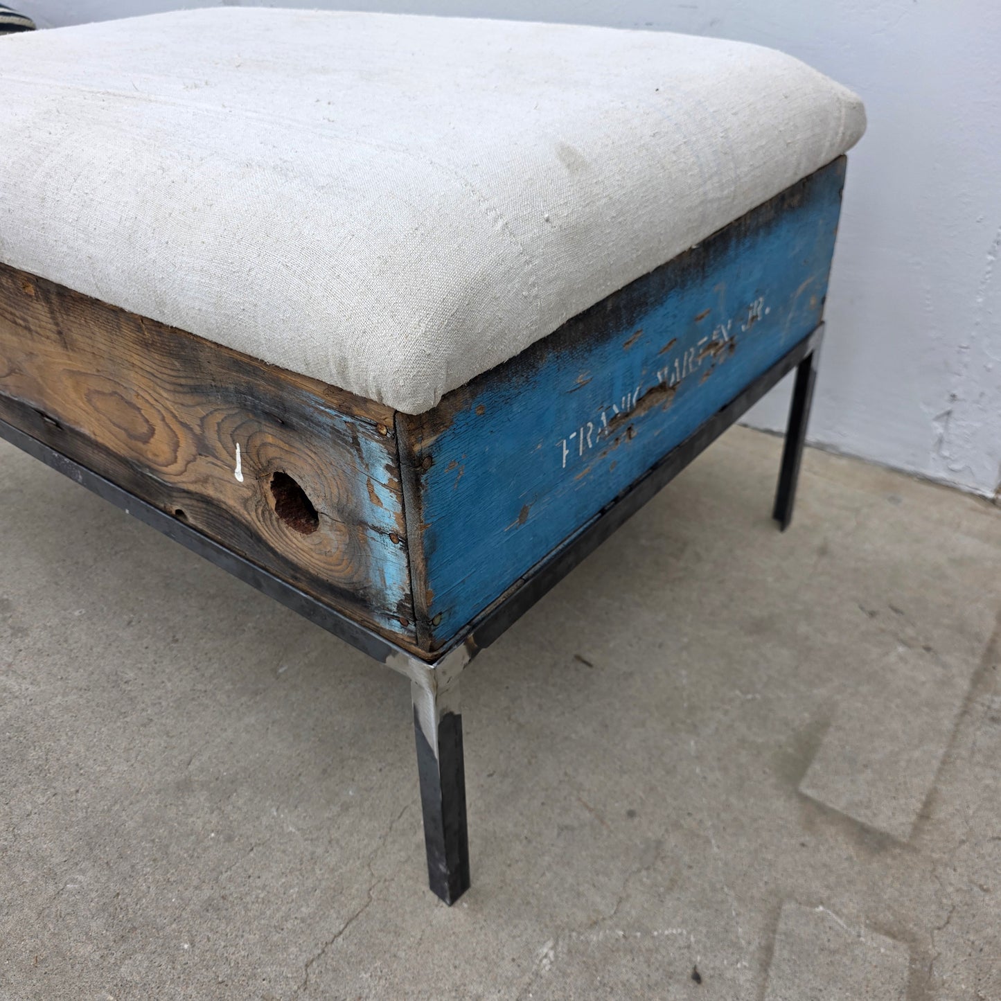 Raisin Box Ottoman with French Grain Sack Top