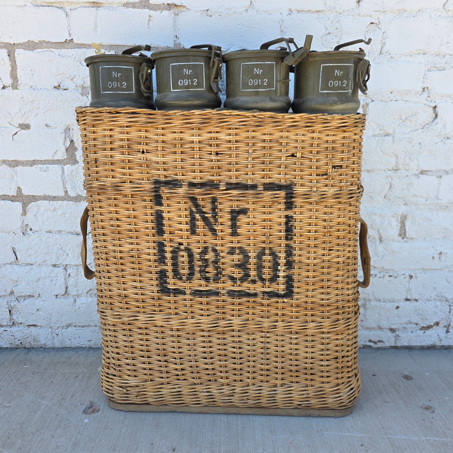 Swiss Military Artillery Canisters in Wicker Basket