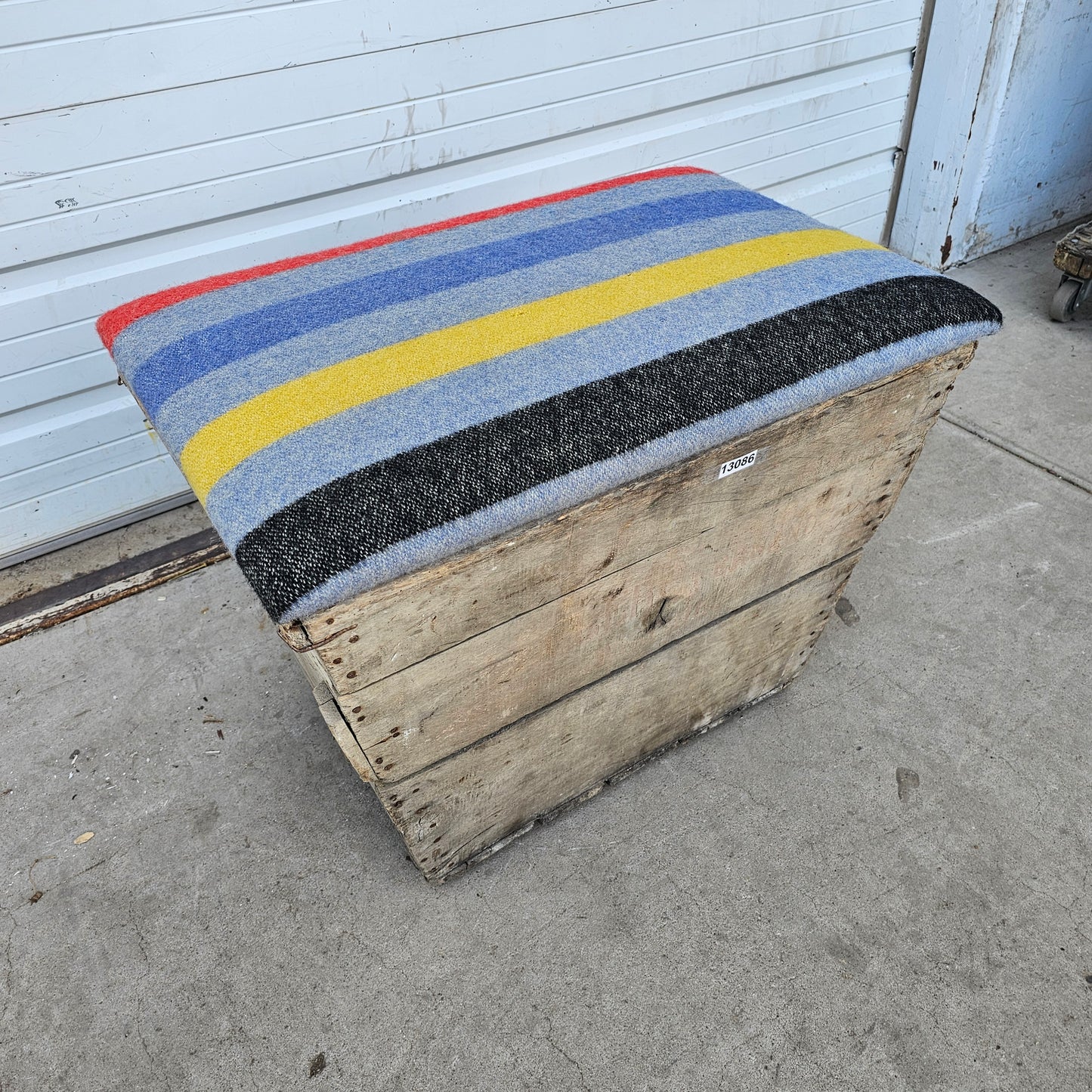 French Champagne Crate Ottoman with Camp Blanket Top