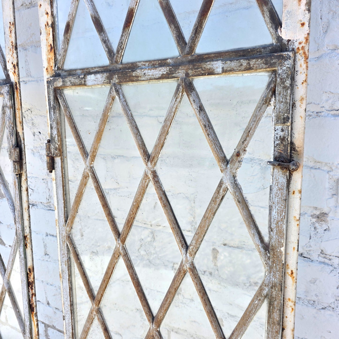 Pair of Arched Steel Windows with Diamond Panes