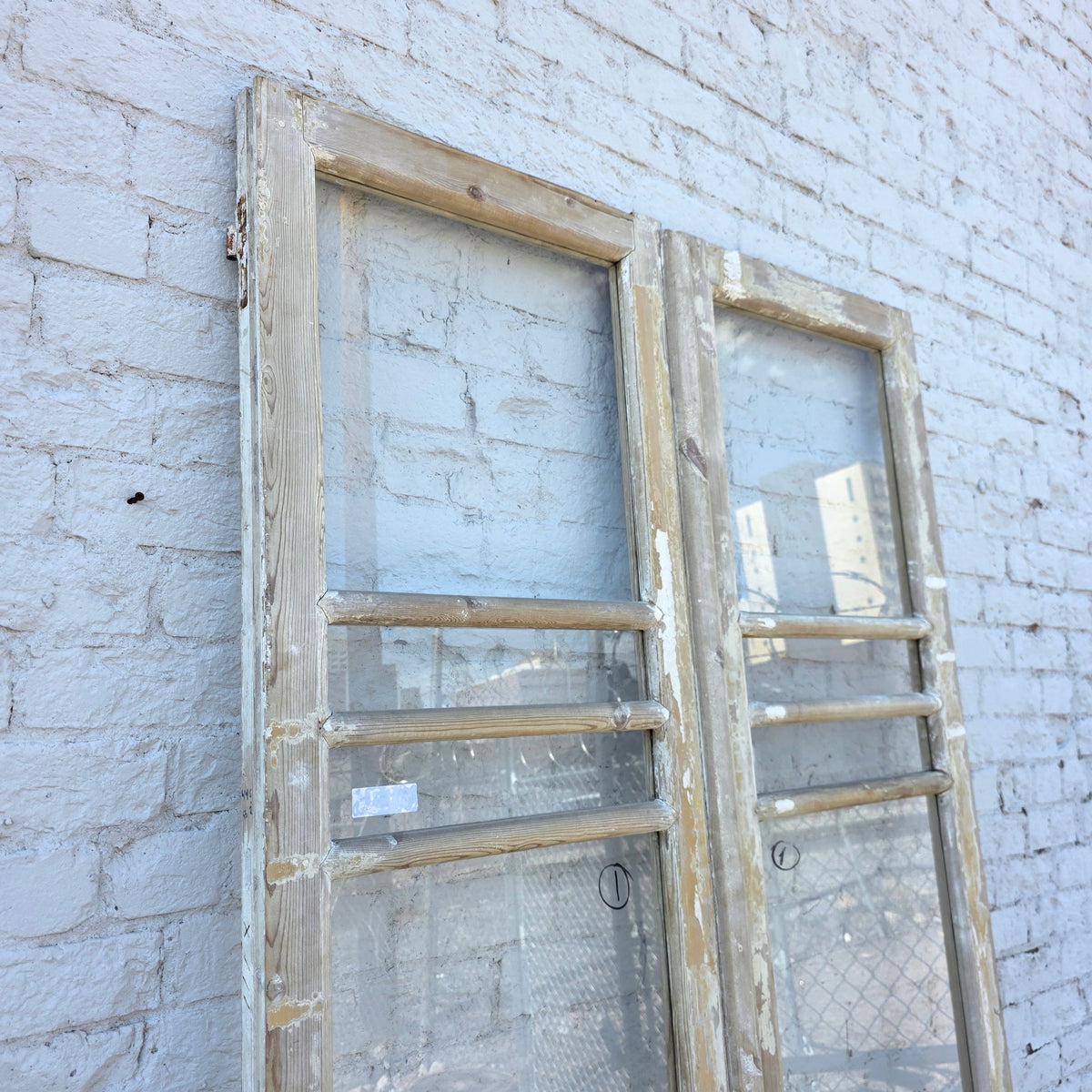 Pair of 4 Horizontal Lite Washed Wood Antique Doors