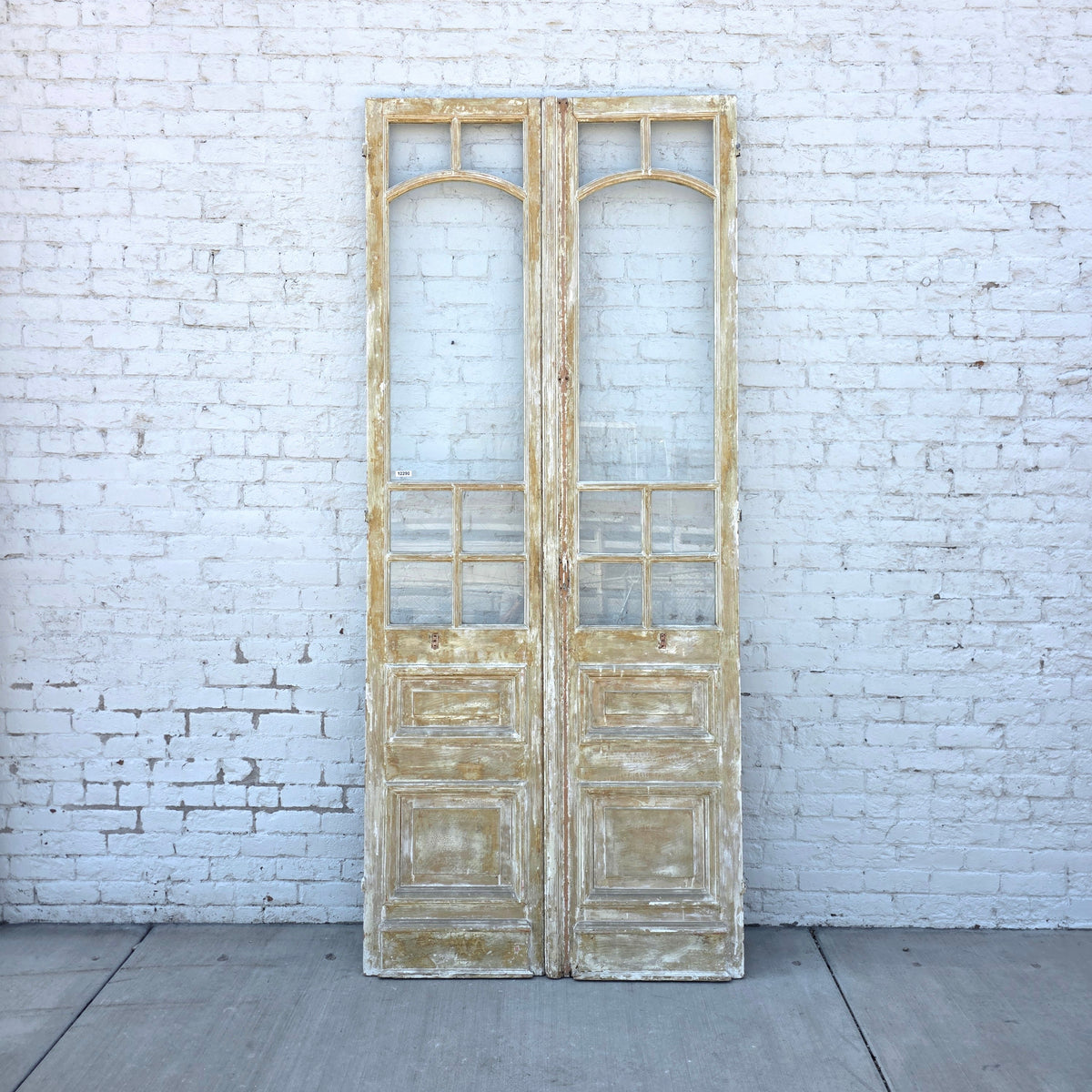 Pair of 2 Panel 7 Lite Washed Wood French Antique Doors