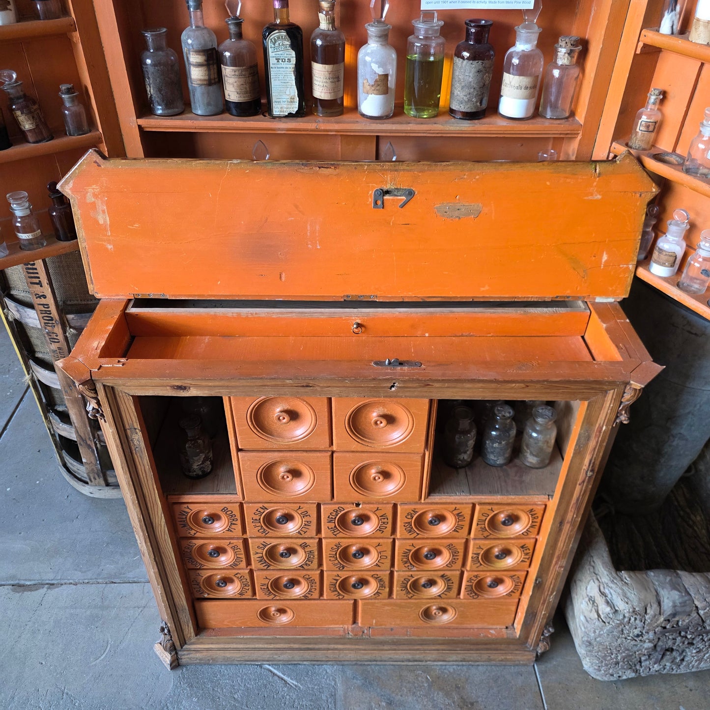 Spanish Antique Apothecary Cabinet, ca. 1800s with Original Bottles