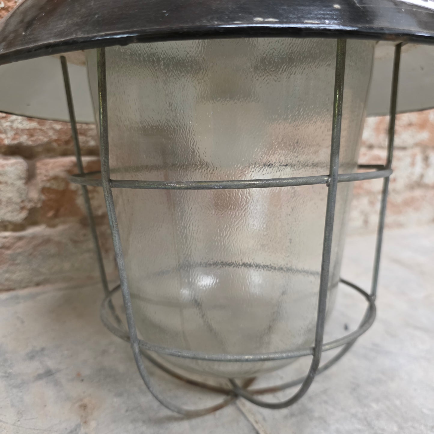 Enamel Industrial Pendant Light with Glass Globe and Cage