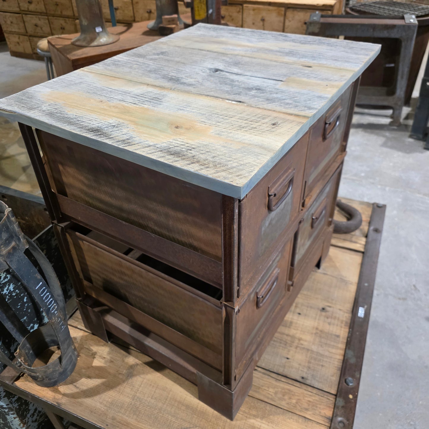 Set of 4 Industrial Steel Drawers Cabinet with Barn Wood Top