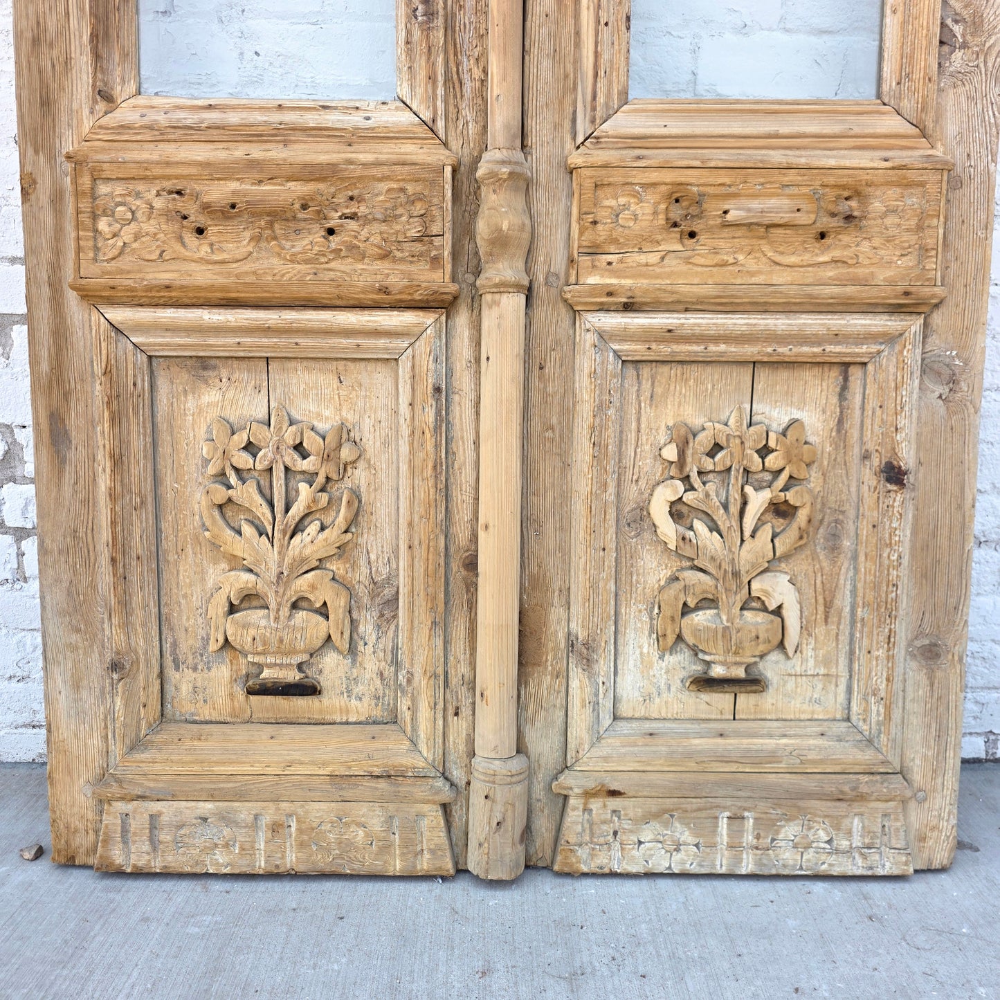 Pair of Carved Wood Doors w/2 Single Glass Lites