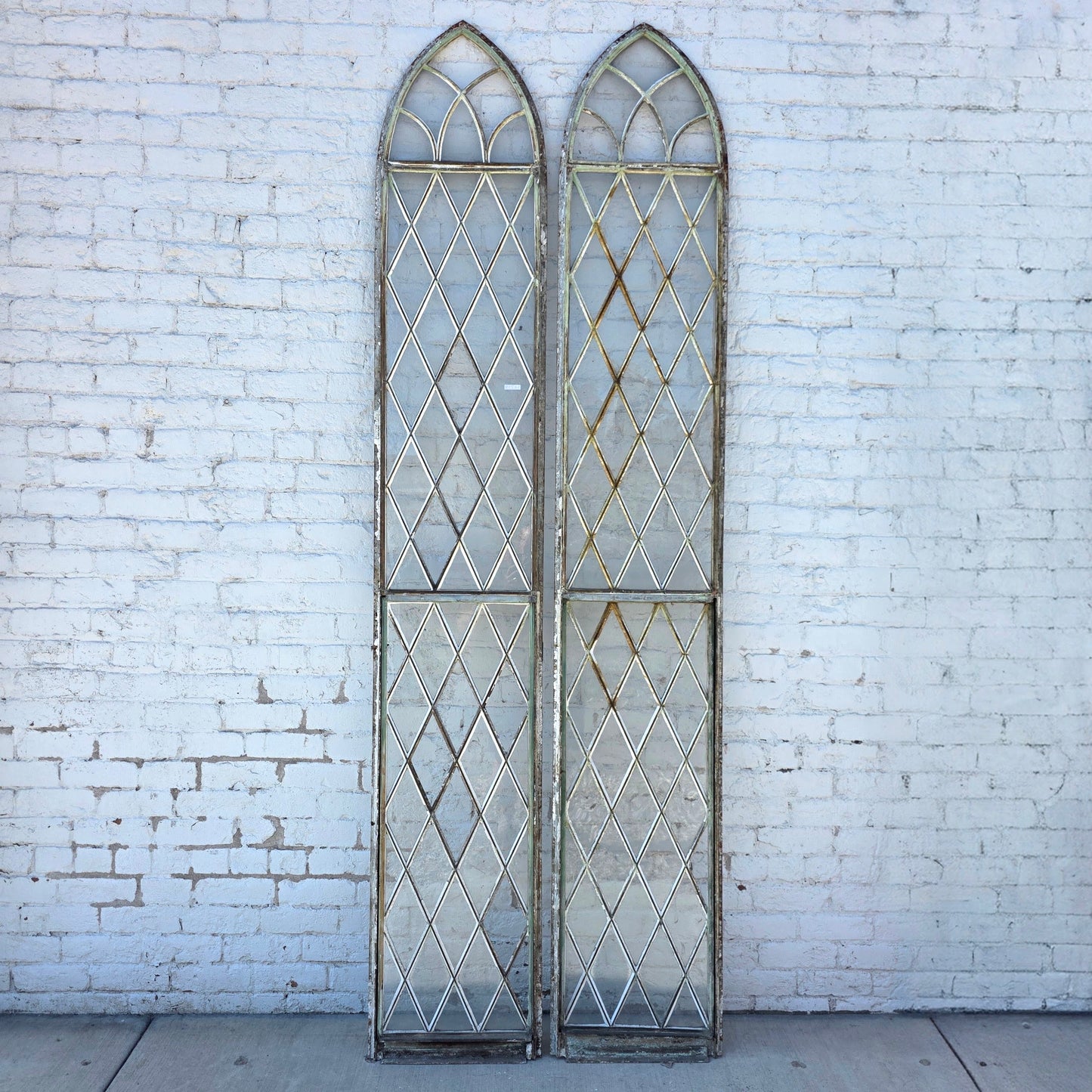 Pair of Arched Steel Windows with Diamond Panes