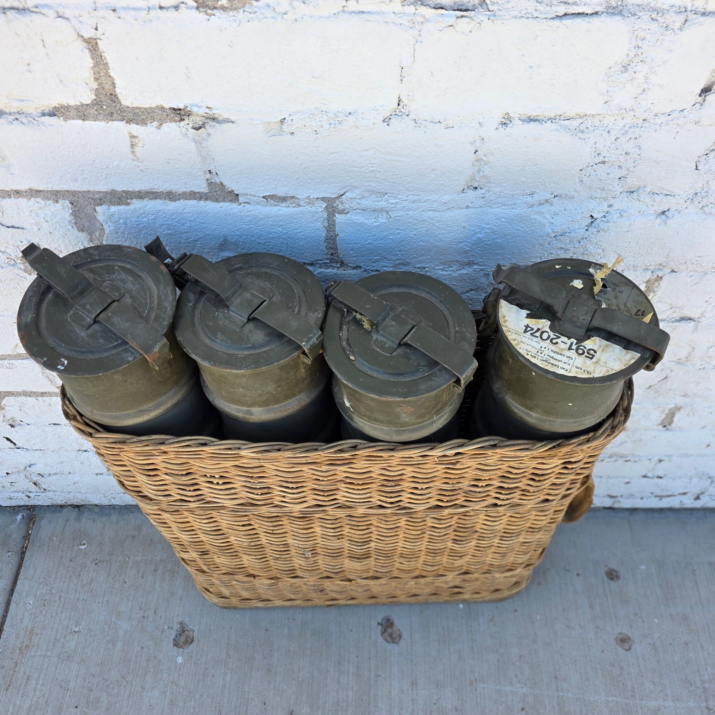 Swiss Military Artillery Canisters in Wicker Basket
