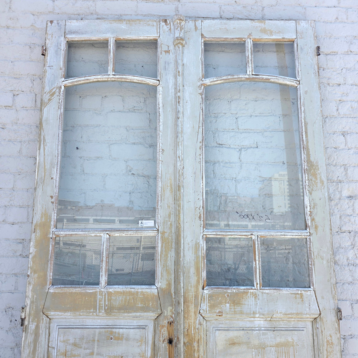 Pair of 2 Panel 5 Lite Washed Wood French Antique Doors