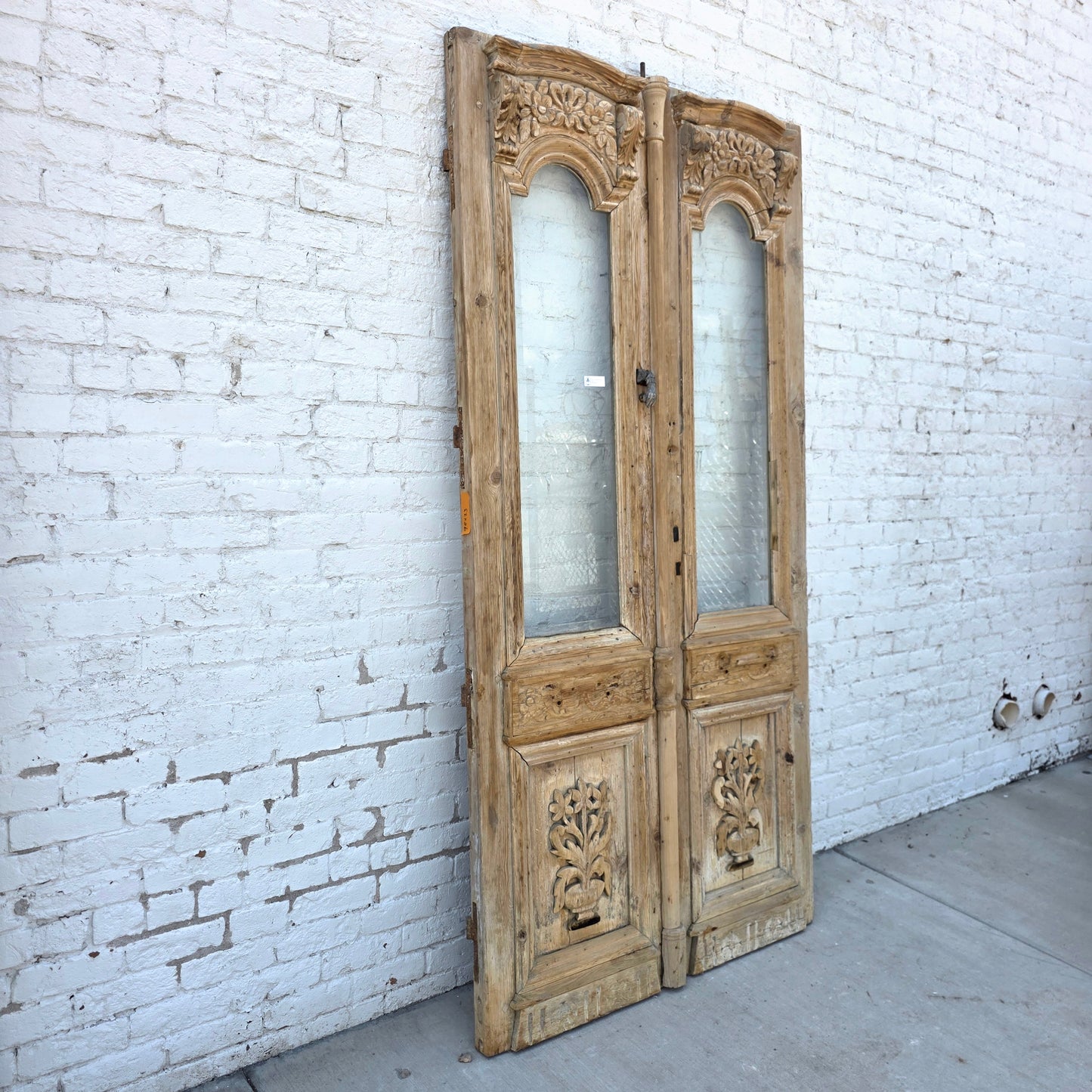 Pair of Carved Wood Doors w/2 Single Glass Lites