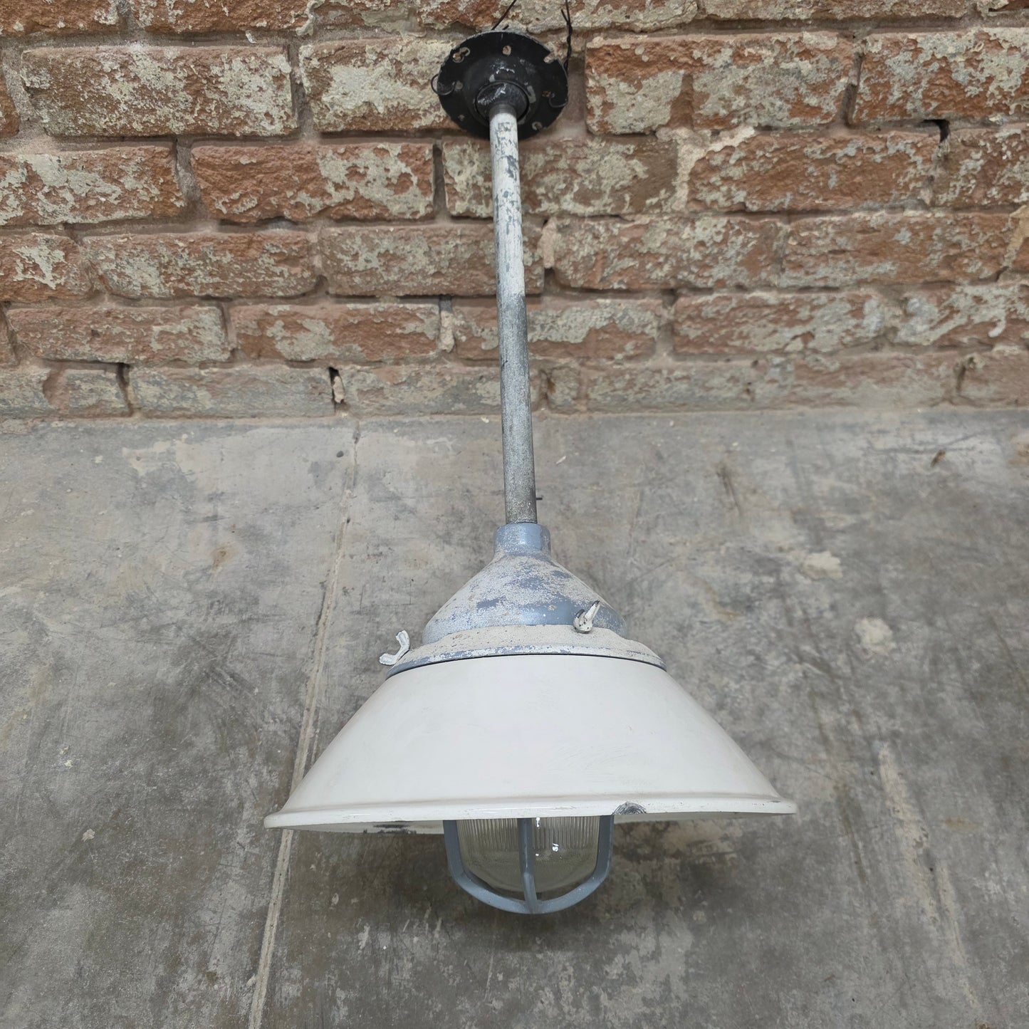 White Enamel Pendant Light with Galvanized Cage
