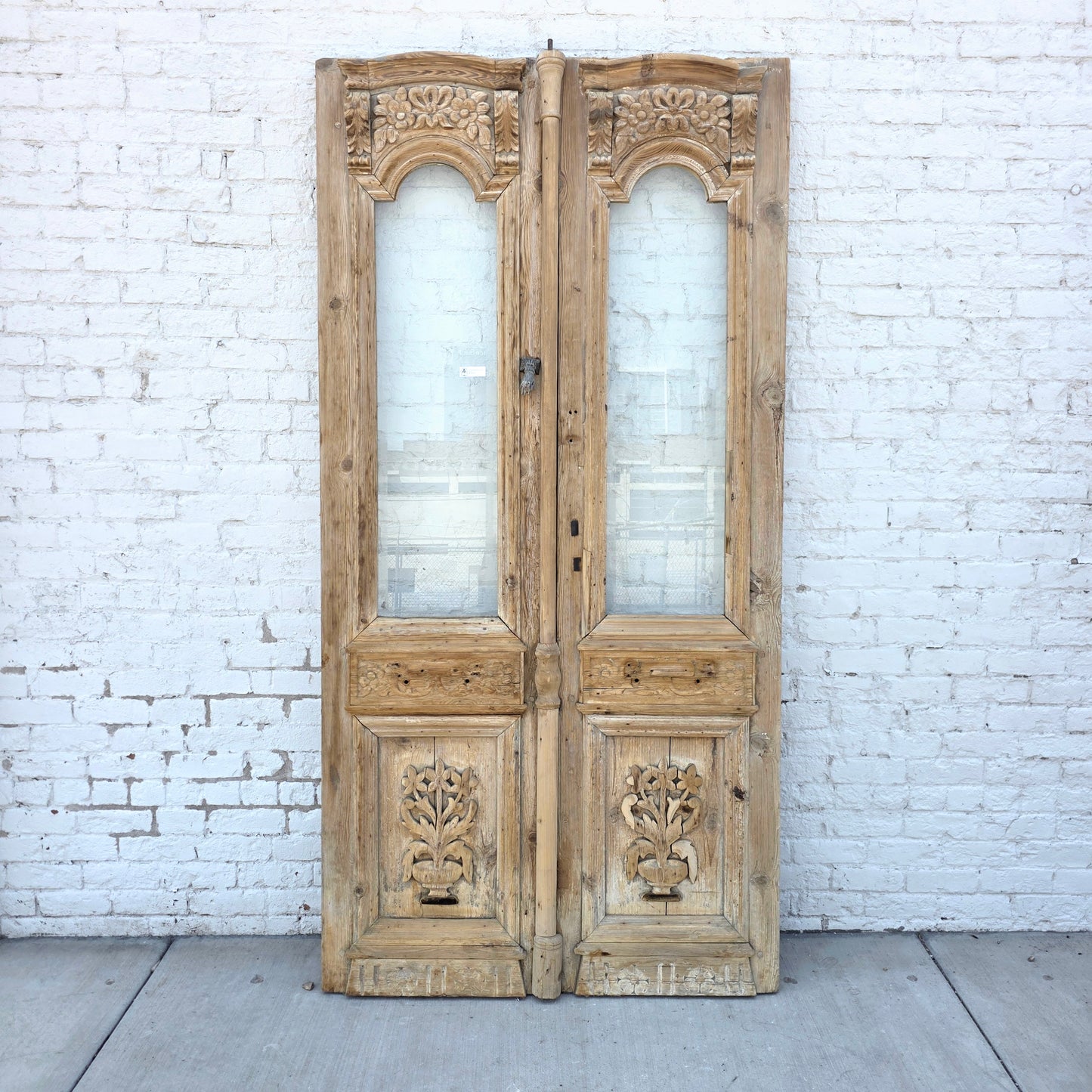 Pair of Carved Wood Doors w/2 Single Glass Lites