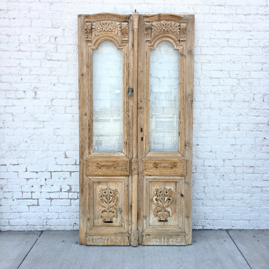 Pair of Carved Wood Doors w/2 Single Glass Lites