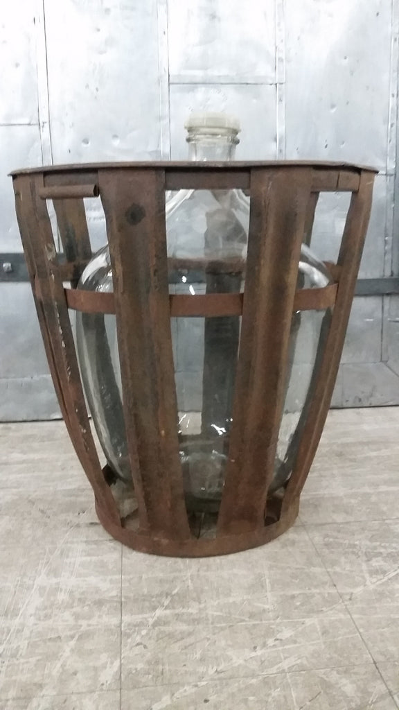 Clear Glass Demijohn Wine Bottle in Iron Basket