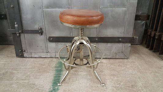 Round Brushed Metal Stool with Leather Seat
